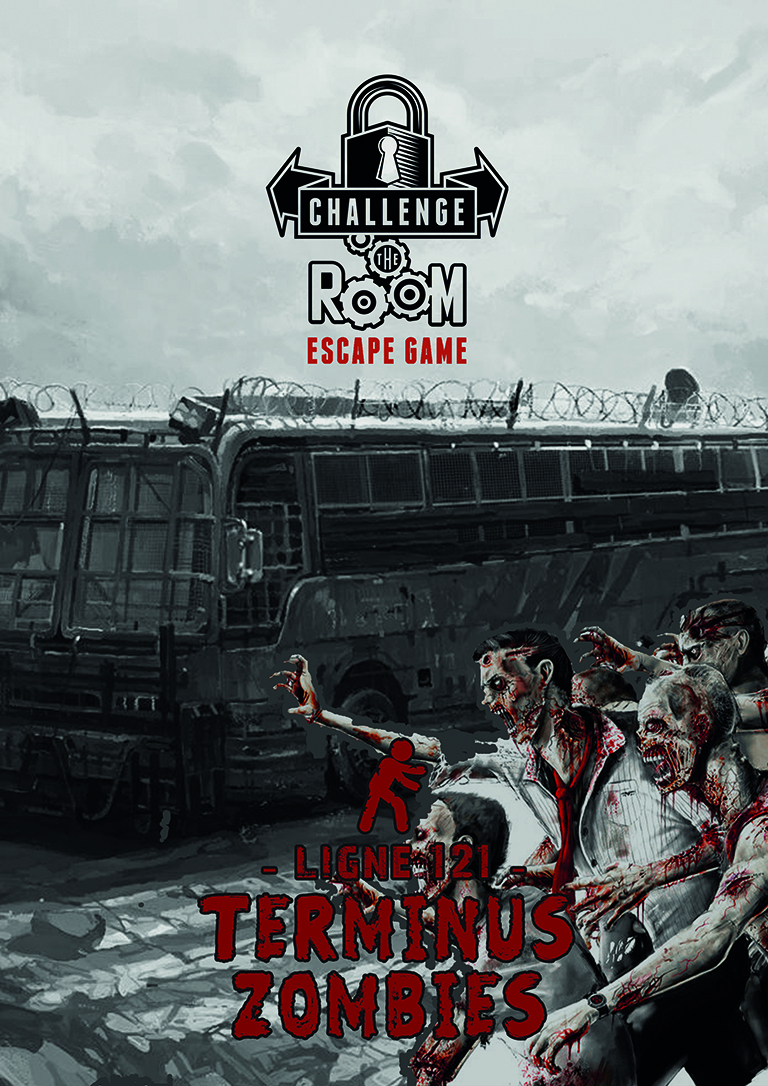 Affiche bus d'escape game Ligne 121 terminus zombis Challenge The Room